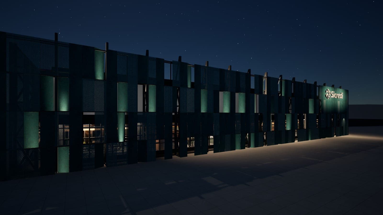 Projeto luminotécnico da agência Sicredi com iluminação de atendimento e destaque institucional